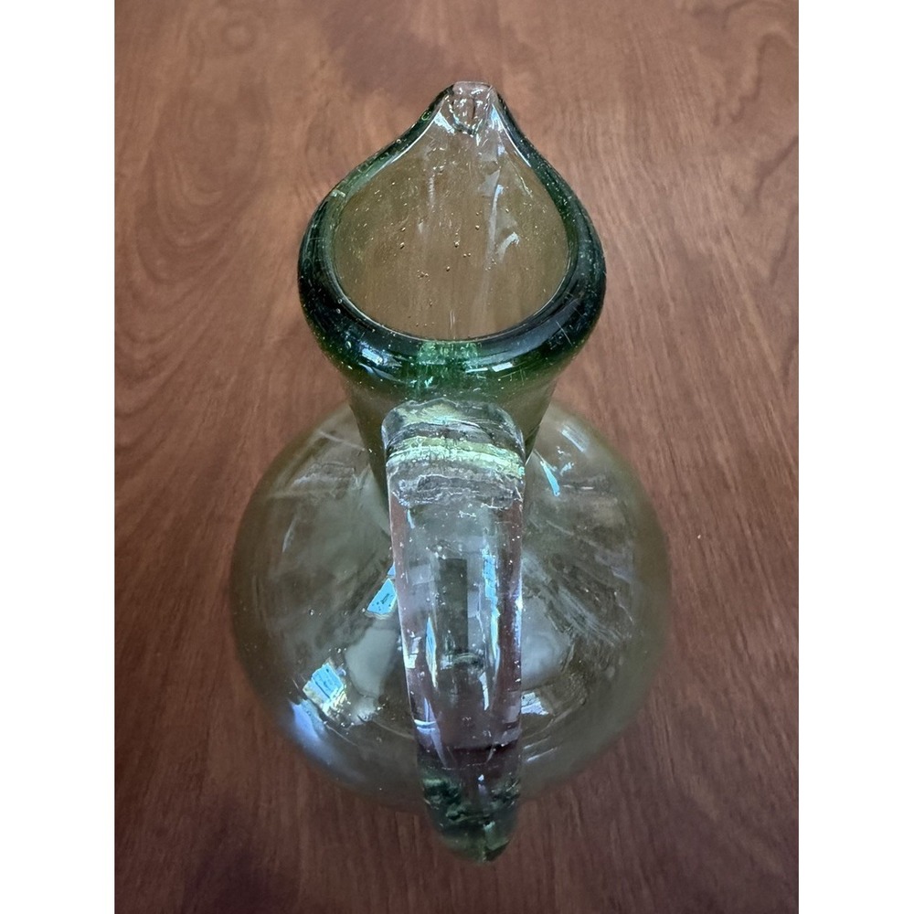 Hand Blown Vtg Lt Green Glass Applied Clear Handle‎ Cruet With Pontil 5" Bubbles - Picture 5 of 8